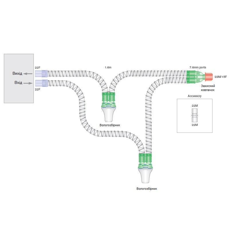 Дихальна система гладкостовбурна 1,6 м (m), 2 вологозбірники, порти (INTERSURGICAL)